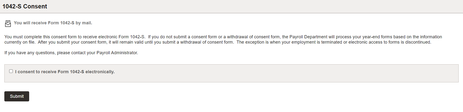 1042-S Consent page (currently receiving paper form)