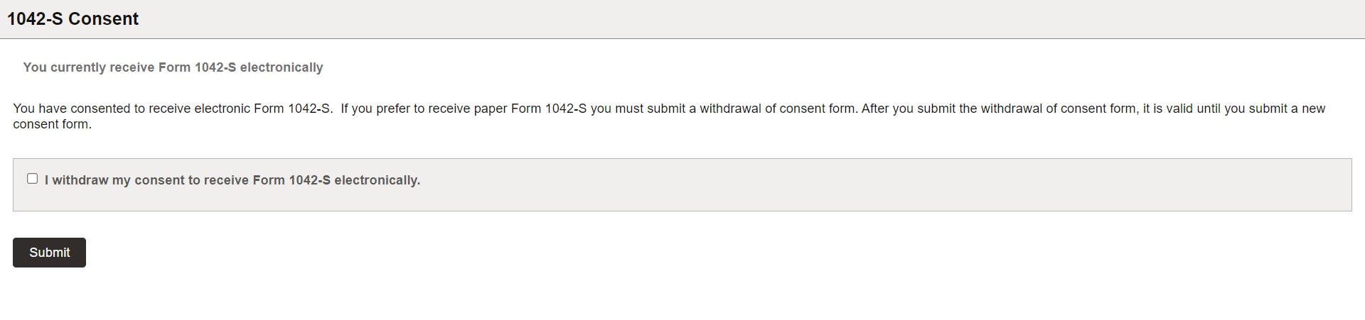 1042-S Consent page (currently receiving electronic form)
