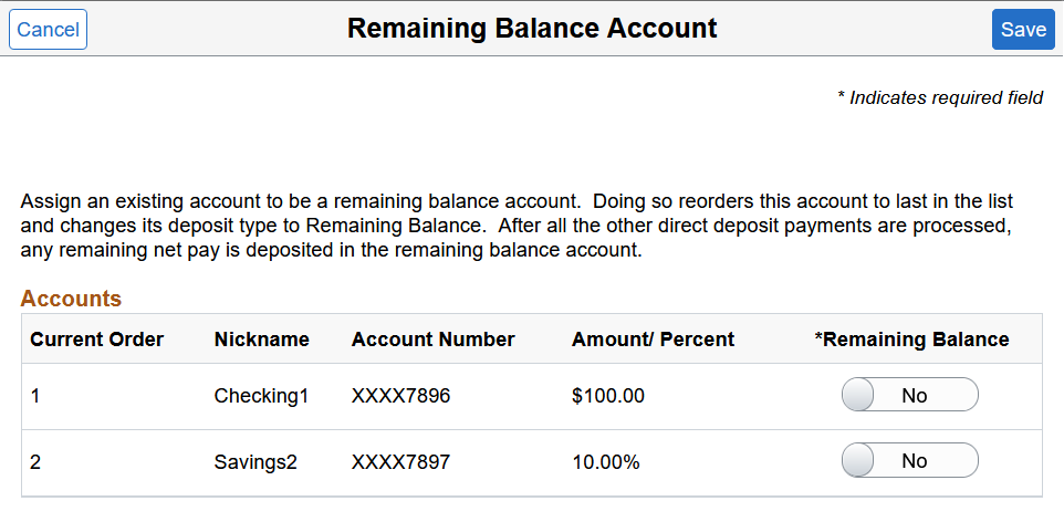 Remaining Balance Account page with multiple accounts displayed