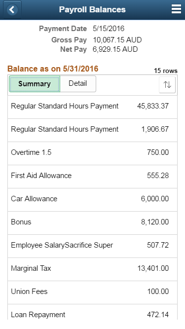 (Smartphone) Payroll Balances page: Summary tab