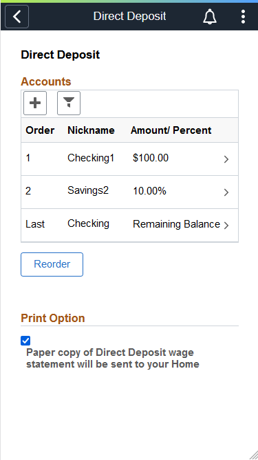 (Smartphone) Direct Deposit page