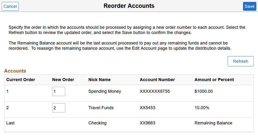 Reorder Accounts page (screen reader mode)