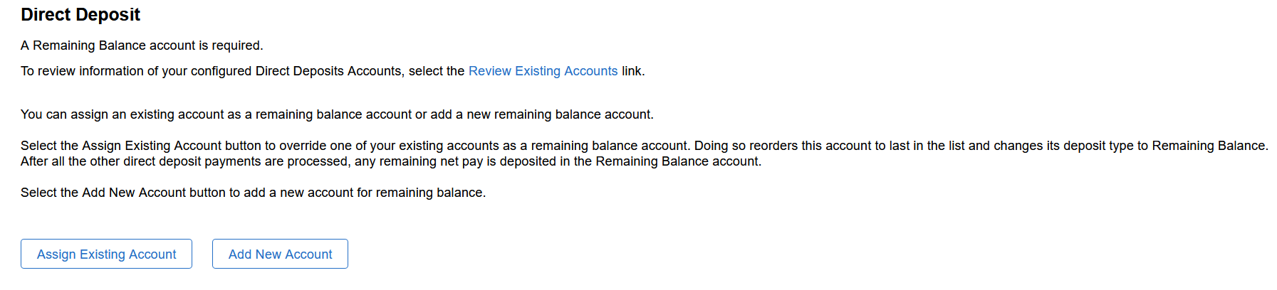 Direct Deposit page (Remaining Balance account required)