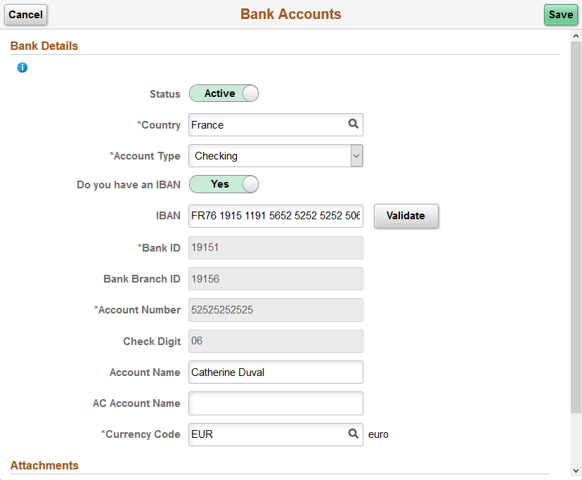Example of the Bank Account page for an employee with an IBAN