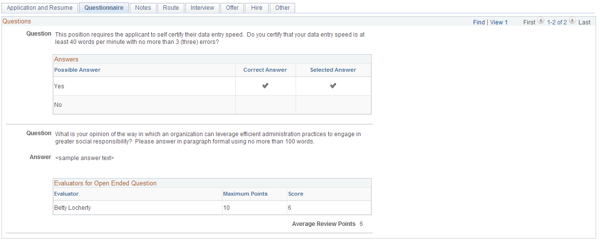 Manage Application page: Questionnaire tab