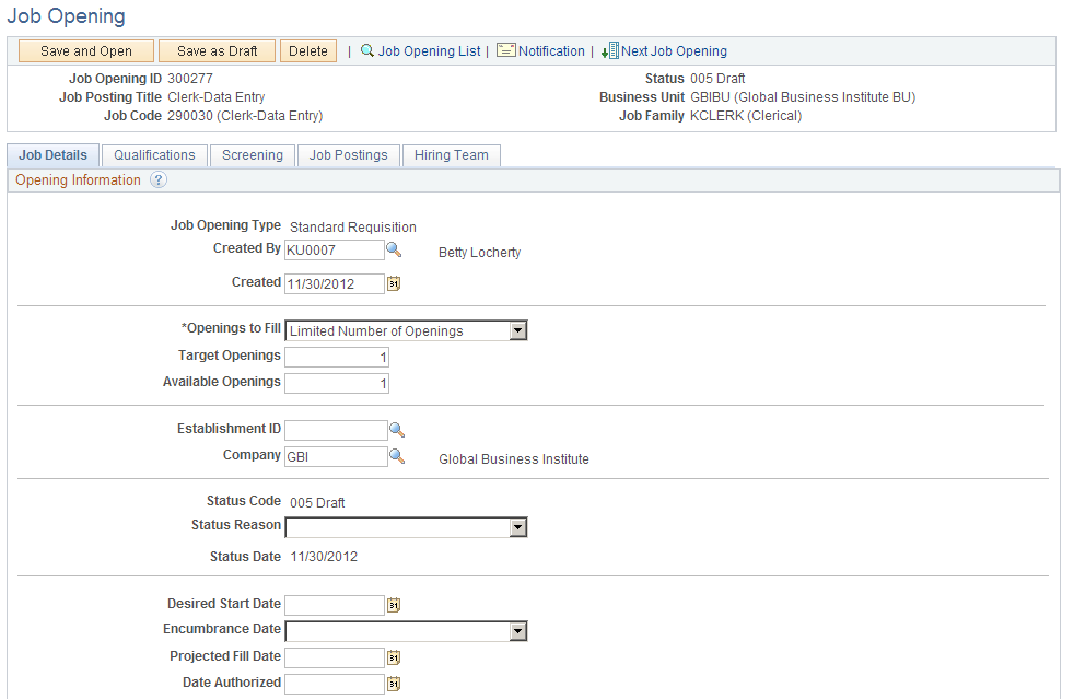 Example of a draft job opening with all fields visible