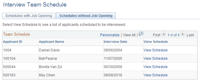 Interview Team Schedule page: Schedules Without Job Openings tab