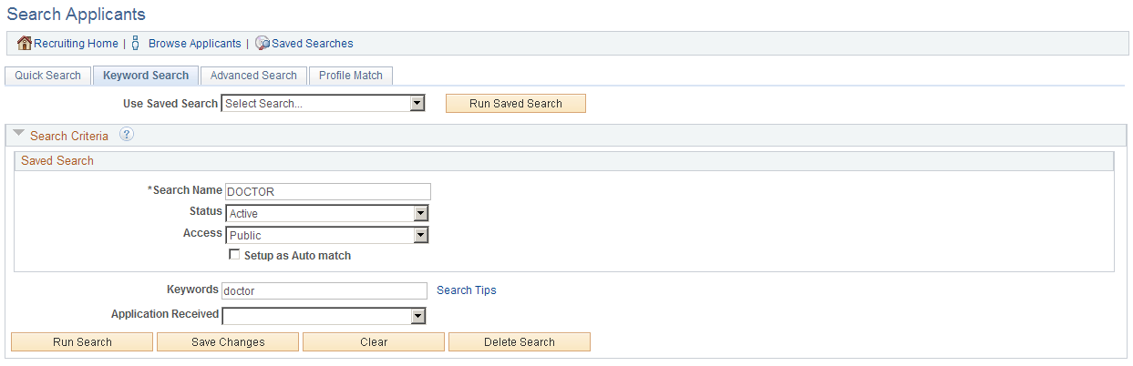 Search Applicants page: Keyword tab in edit mode
