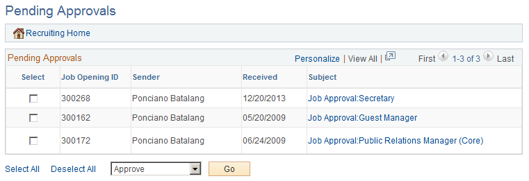 Pending Approvals page (showing job openings to be approved)