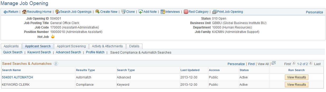 Manage Job Opening page: Applicant Search tab