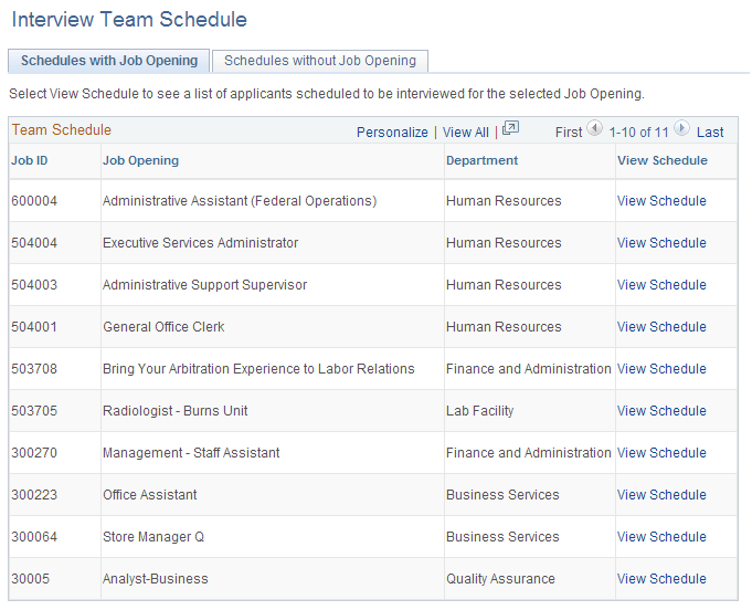 Interview Team Schedule page: Schedules With Job Opening