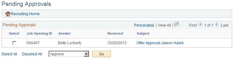 Pending Approvals page (showing job offers to be approved)