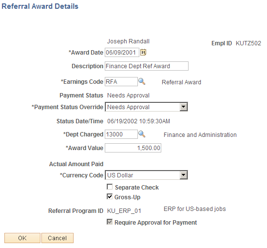Referral Award Details page