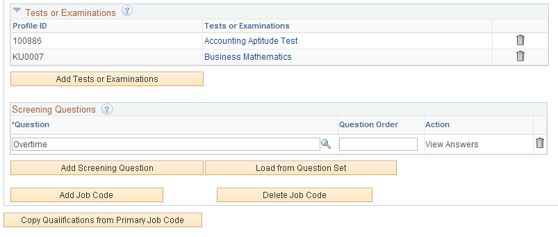 The Copy Qualifications from Primary Job Code button appears only if there are copyable sections on the page
