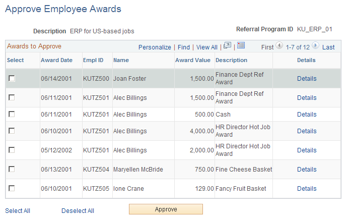 Approve Employee Awards page