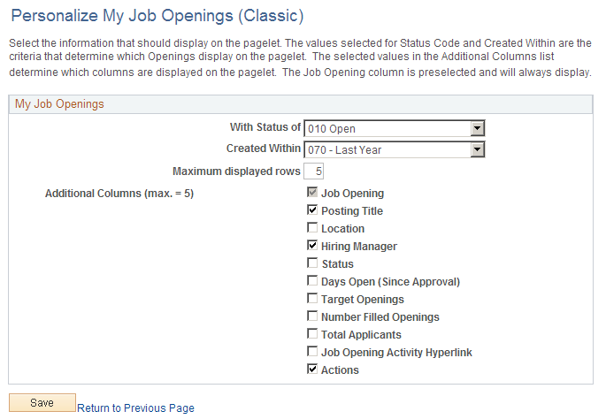 Personalize My Job Openings (Classic) page