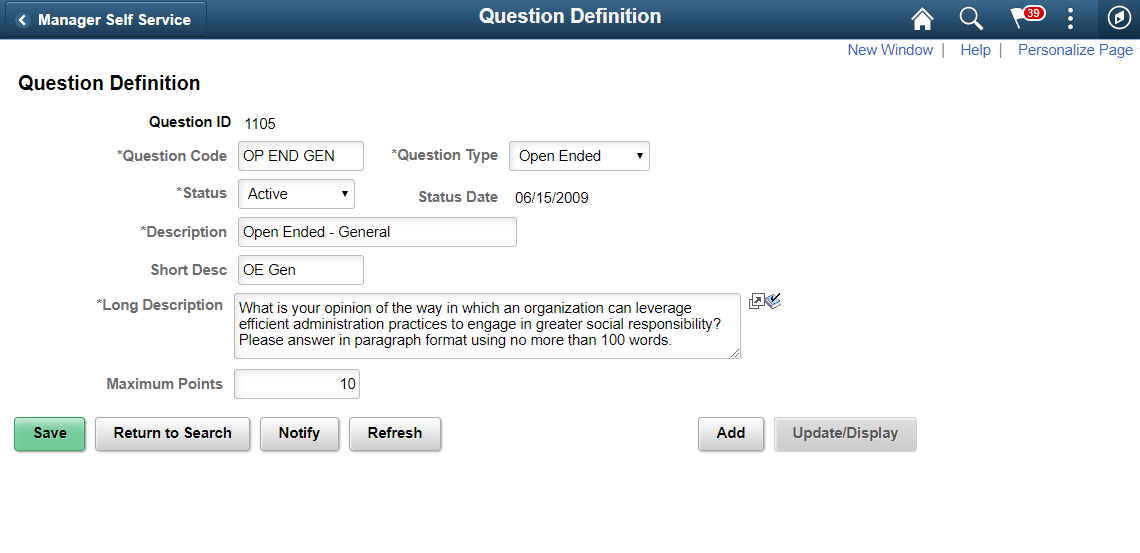 Question Definition page for open ended question.