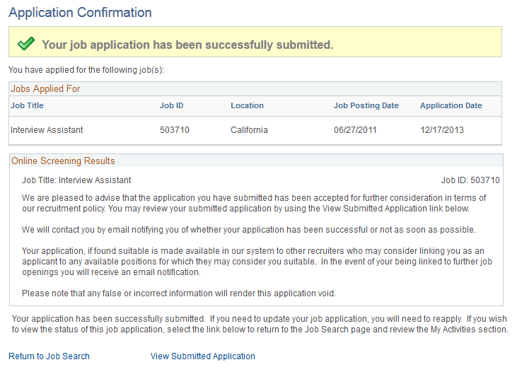Application Confirmation page