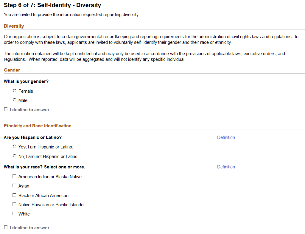 Diversity page with two-question format for ethnicity (fluid)