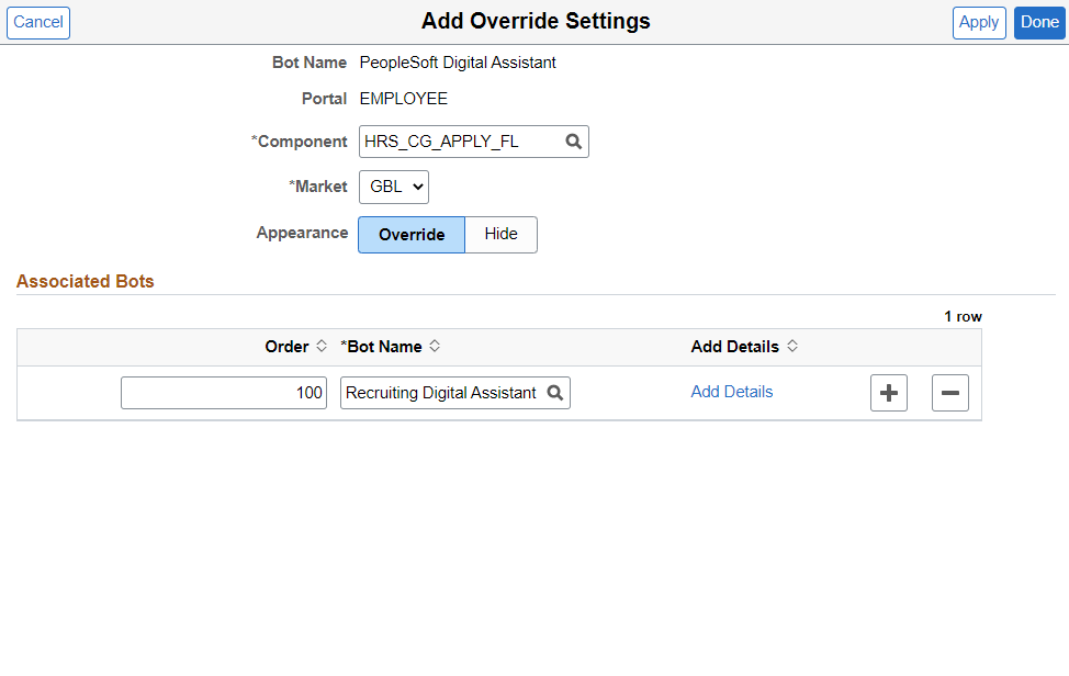 Add Override Settings - PeopleSoft Digital Assistant