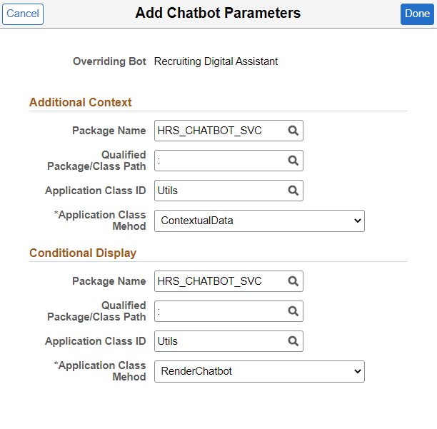Add Chatbot Parameters - PeopleSoft Digital Assistant