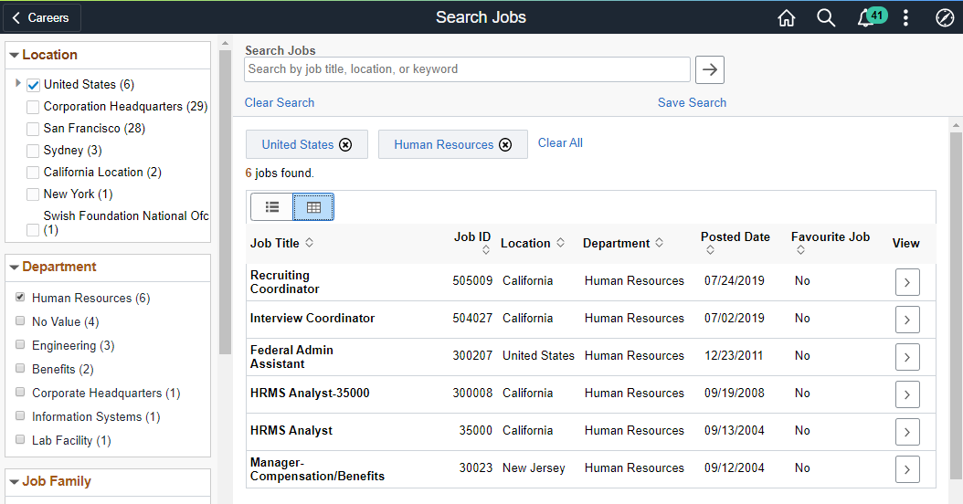 Search Jobs page without optional fields (Grid view)