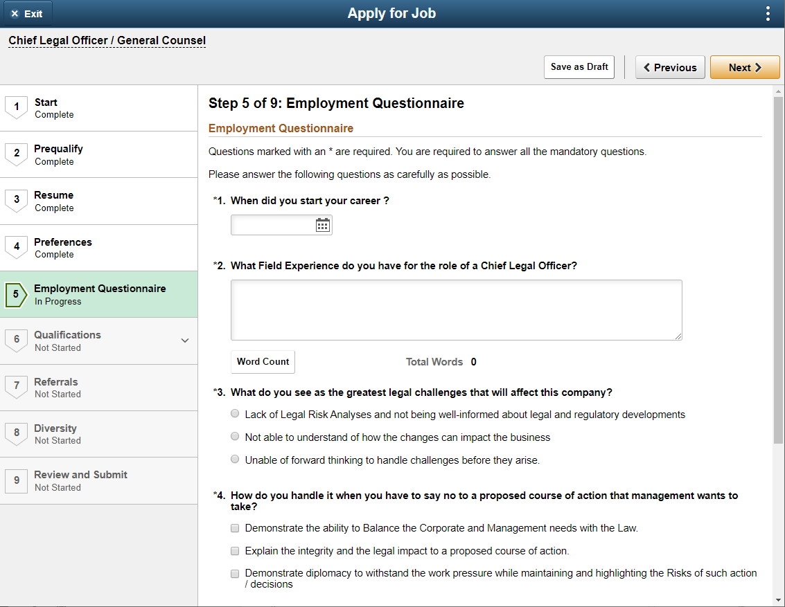 Employment Questionnaire step