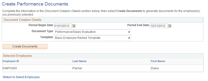 Create Performance Documents - Document Creation Details page