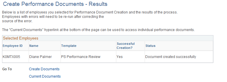 Create Performance Documents - Results page