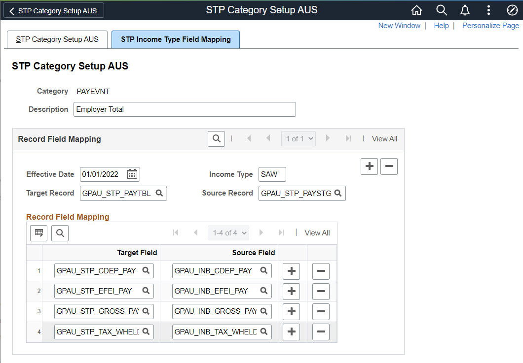 STP Category Setup AUS_STP Income Type Field Mapping Tab