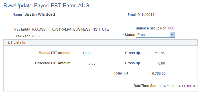 Rvw/Update Payee FBT Earns AUS page