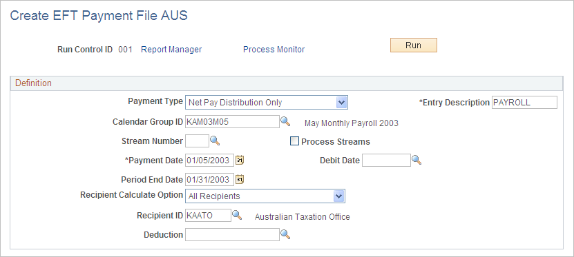Create EFT Payment File AUS page