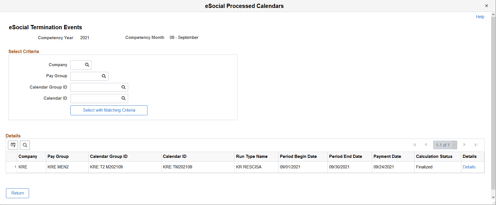 eSocial Processed Calendars - eSocial Termination Events page