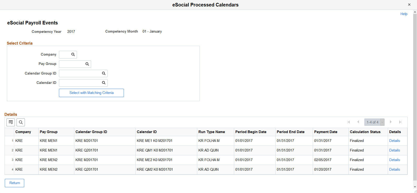 eSocial Processed Calendars - eSocial Payroll Events page