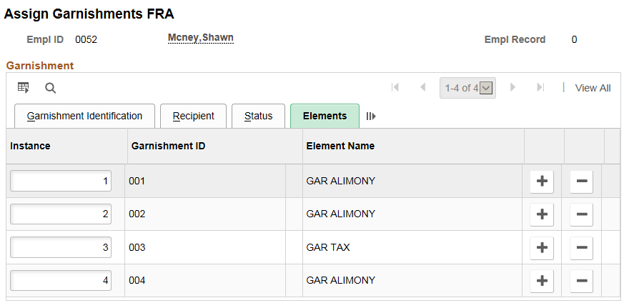 Assign Garnishments FRA page Elements tab