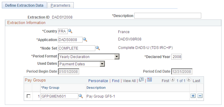 Define Extraction Data page