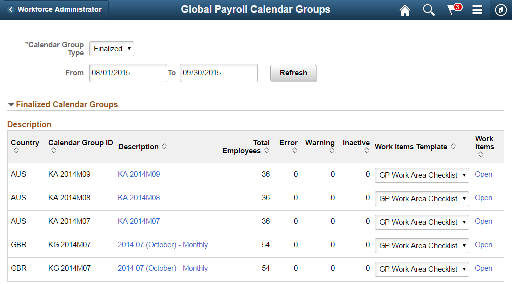 Global Payroll Calendar Groups page (finalized calendar groups view)