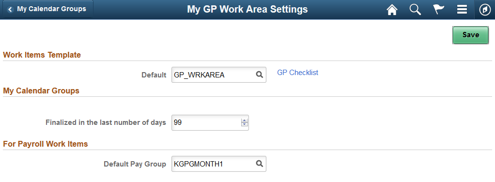 My GP Work Area Settings page