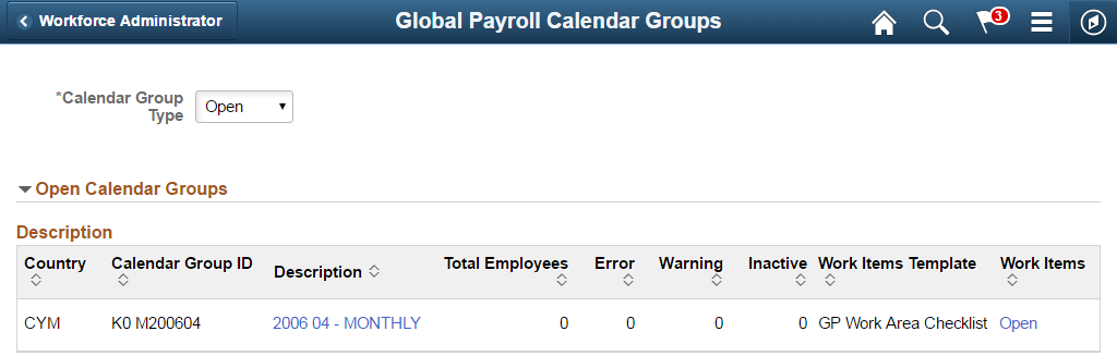 Global Payroll Calendar Groups page (open calendar groups view)