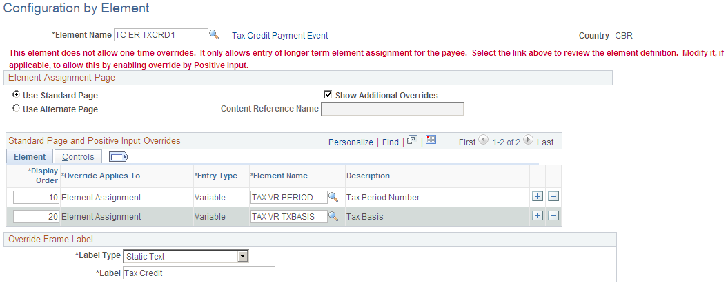 Configuration By Element page: Payee Level Overrides (1 of 2)