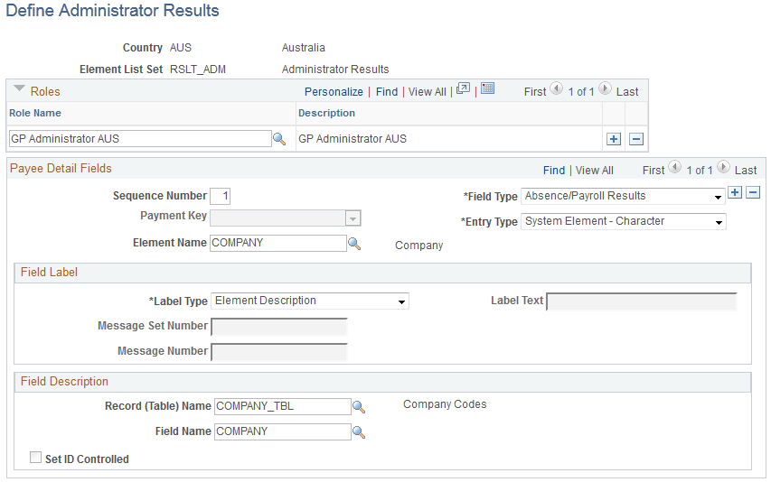 Define Administrator Results page