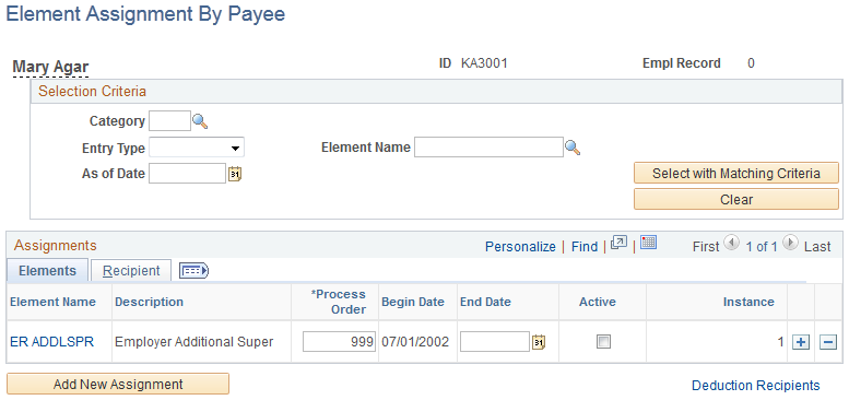 Example of Element Assignment By Payee page for Standard Component Configuration