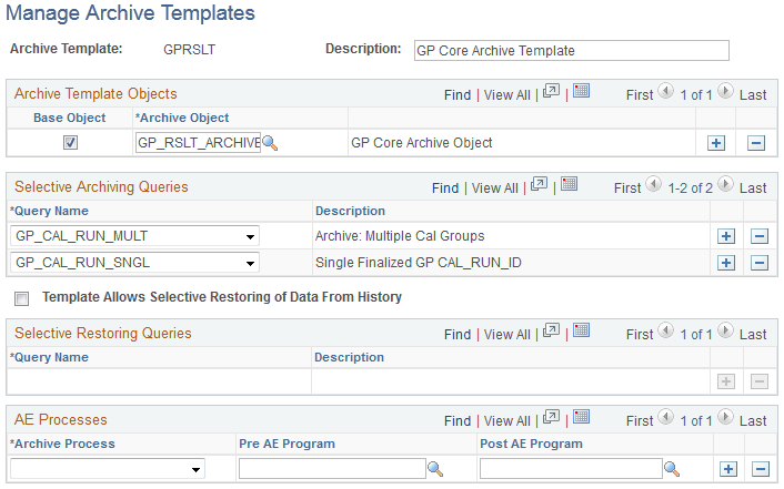 Manage Archive Templates page