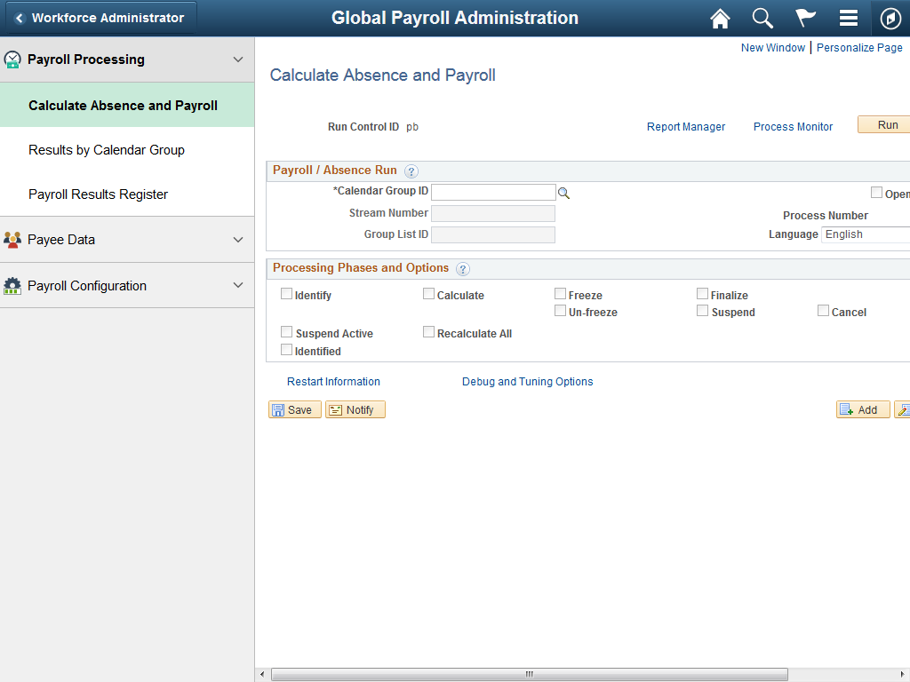 (Tablet) Global Payroll Administration application start page