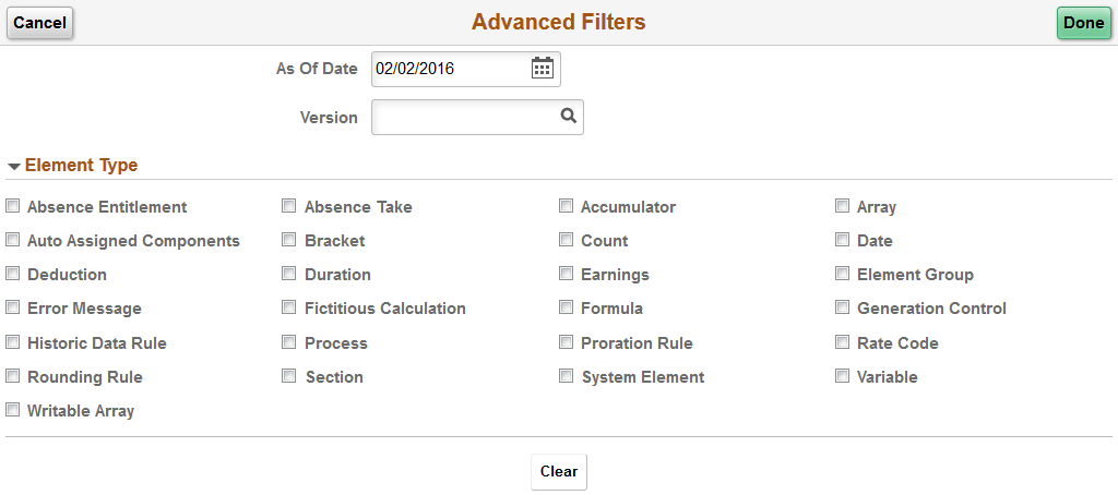 Advanced Filters page