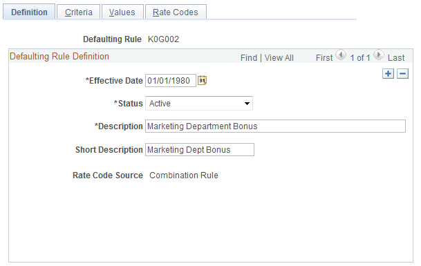 Rate Code Defaulting Rules - Definition page