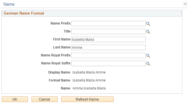 Example of the Name page for formal name format