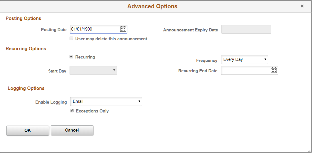 Advanced Options page for Email