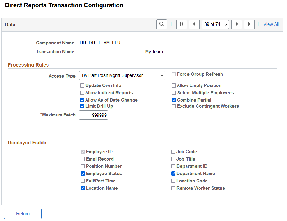 Direct Reports Transaction Configuration page