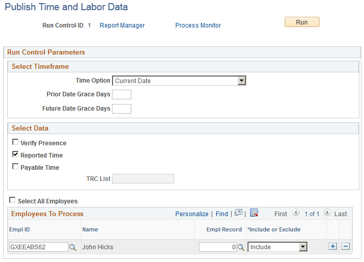 Publish Time and Labor Data page (showing Current Date time option)